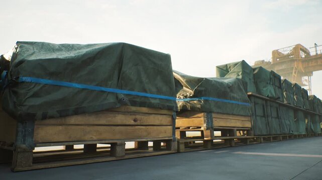 Cargo distribution port concept. heavy cargo crates covered in waterproof tarp at port transport. 3d animation.