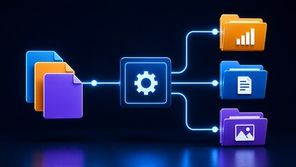 Fototapeta premium Automated digital workflow concept showing a central processing unit sorting colored files into organized data folders for efficient document management and software optimization.