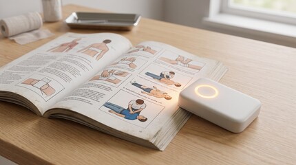 Obraz premium Open first aid manual with glowing emergency medical device