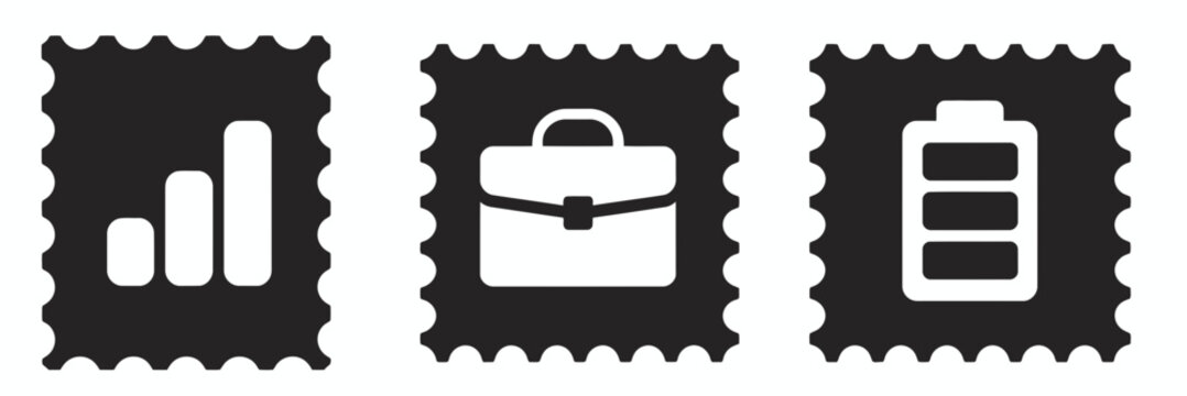 Postage stamp style icons of growth chart, business briefcase, and full battery
