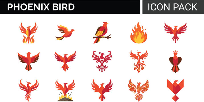 Phoenix bird icon set. Mythical fire bird symbols for logo design and branding.