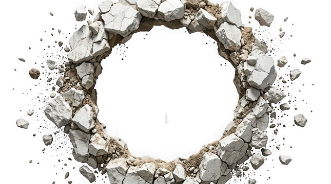 Broken concrete ring frame with flying debris