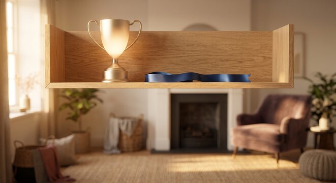 Silver trophy and blue ribbon on a wooden floating shelf in a living room
