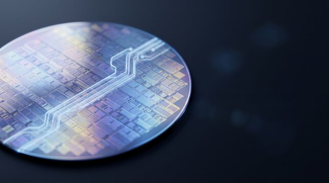 Glowing circuit paths on a silicon semiconductor wafer macro