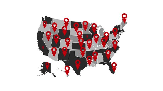 Animated US Map with Multiple Red Location Pins Bouncing Across States Isolated on White Background