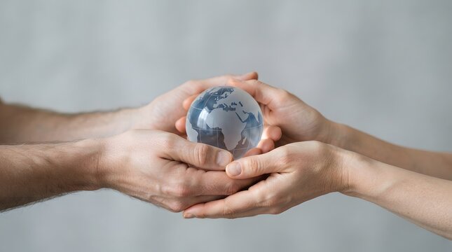 Two people holding a glass globe representing global unity and environmental sustainability.