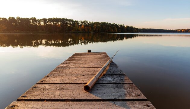 Serene wooden dock extending into calm lake at sunrise.