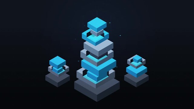 Looping 3d animation of geometric columns with reciprocating cube and pipe movements, blue and gray abstract shapes