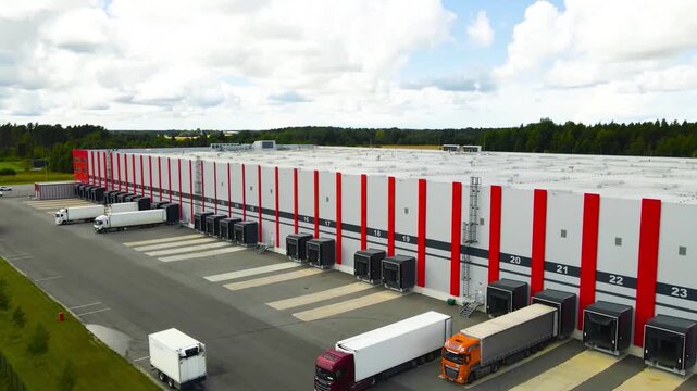 High angle view showing a white semi trailer truck reversing to a loading dock at a modern logistics warehouse, joining other parked freight vehicles ready for shipping and distribution