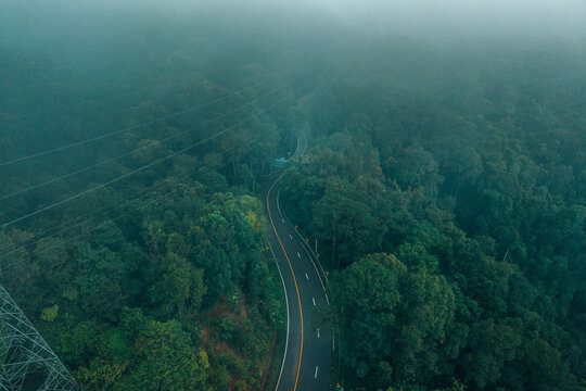 Atmospheric view of a winding road with yellow warning signs cutting through a dense misty pine forest on the scenic Chiang Mai to Pai route in Northern Thailand.