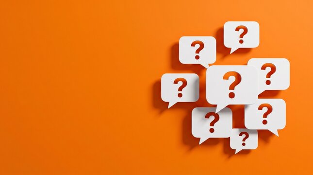 A collection of white speech bubbles with red question marks on orange