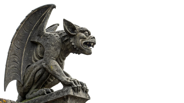 Gothic stone gargoyle statue creature sitting sculpture isolated on transparent background for historical architecture fantasy designs.