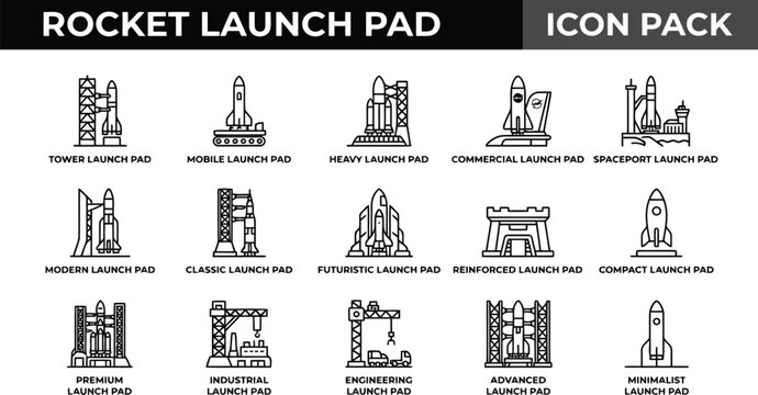 Rocket launch pad icon set. Space exploration and aerospace engineering vector symbols.