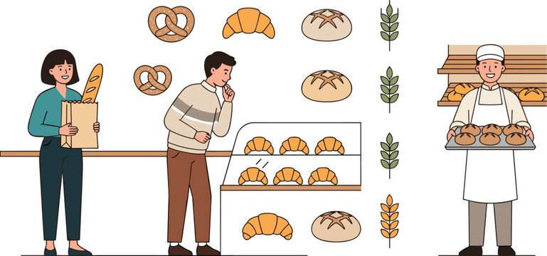 Bakery shop bread vector character set with baker holding tray, customers buying croissant, pretzel, baguette icons, and pastry display illustrations