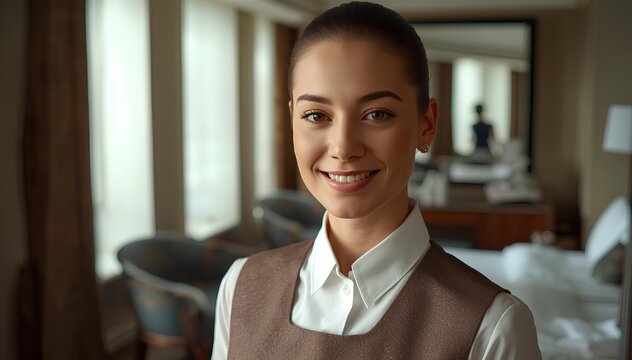 Smiling female hotel housekeeper standing in luxury bedroom ready to provide service