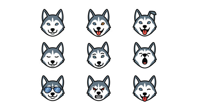 Siberian Husky dog face emoji icon set with different facial expressions vector illustration
