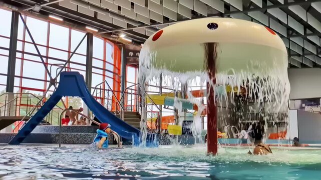 Children play in indoor swimming pool with mushroom water feature and blue slide, enjoying splashing water and leisure activity, happy childhood moment slow motion