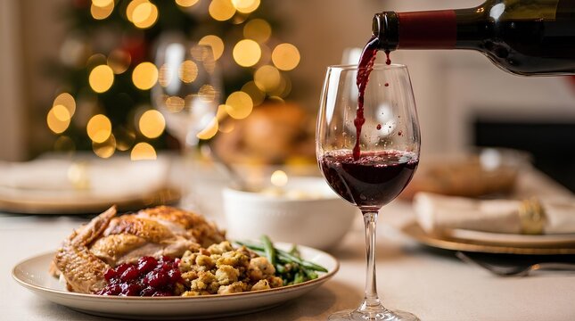 Red wine pouring into a glass at a festive dinner table with holiday decorations.
