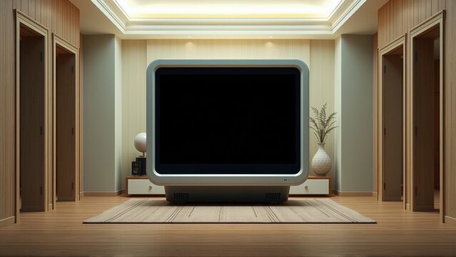 Minimalist room features large television set, symmetrical doors, soft lighting. Warm tones dominate interior design.