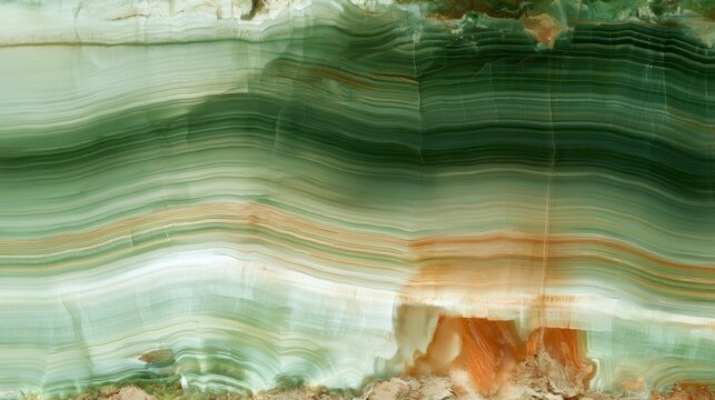 A green onyx slab displays translucent flowing bands, illuminated from behind, highlighting its unique patterns in a natural setting.