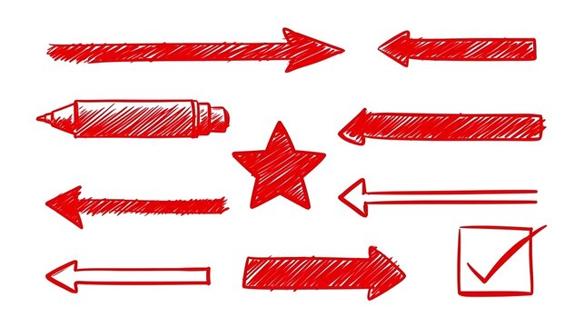 Hand line arrow drawn set. Hand drawn line arrow underline pen marker check highlight red scribble. Star note memo sticker focus checkmark texture background. Vector illustration Stock Vector