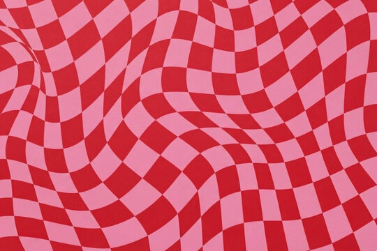 Abstraktes, psychedelisches Karo-Muster mit geschwungenen Wellen in kr&auml;ftigem Rot und Pink &ndash; Moderner, verzerrter Schachbrett-Hintergrund