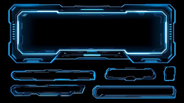 image of Set of sleek, futuristic, empty GUI elements with blue glowing borders, perfect for modern tech display on white background background. Stock Illustration