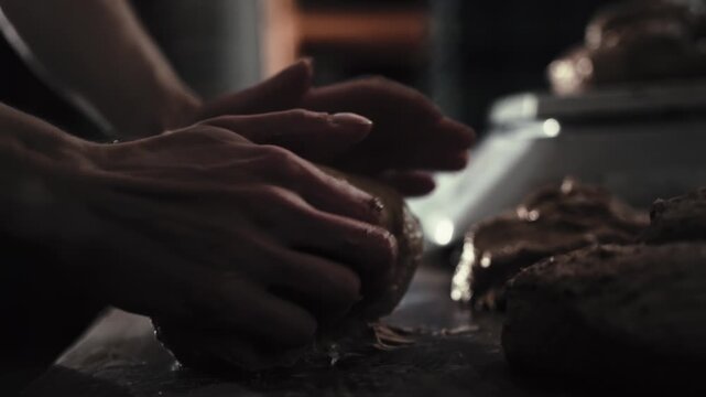 Pre-shaping stage rounding phase inside private bakery. Male baker hands kneading dough portion, shaping it into round form, creating primary tension of surface for fresh bread production preparation