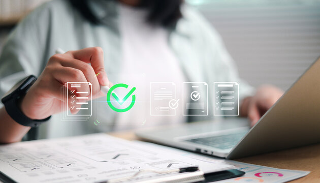 Checking digital document with green check mark icon, quality assurance approval, online compliance,