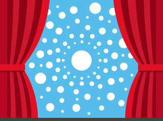Minimalist Vector Illustration of Red Theater Curtains Opening to a Light Blue Polka Dot Pattern Background © mewo