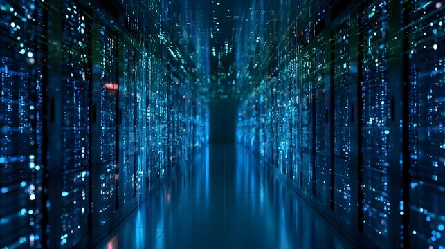 Modern data center visualization with server racks and flowing digital information streams, featuring abstract blue and green tech elements and text block placement. Digital technology vector cover.