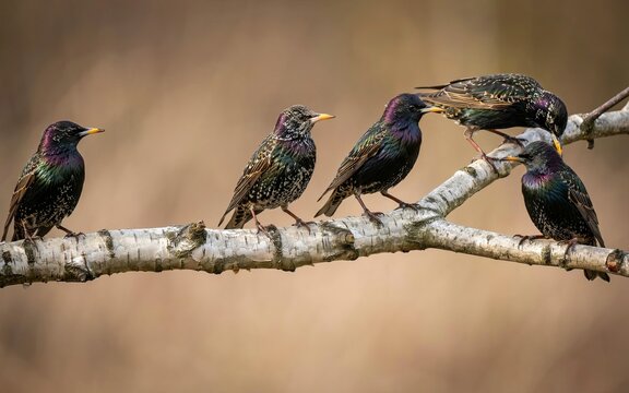 Five common starlings perched together on a weathered birch branch, displaying iridescent purple and green plumage with white speckles, set against a soft, blurred natural brown background, in early