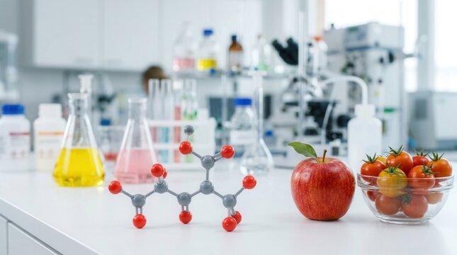 Scientific nutrition research concept featuring fresh fruits, molecular models, and laboratory equipment for healthy food innovation and evidence-based wellness.