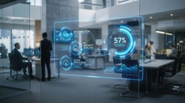 Innovative AI token usage system displaying API connection, security, usage meter, cloud processing, and usage analytics in a modern office.