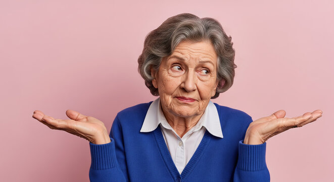 Elderly Woman Shrugging in Studio Representing Disappointment and Hesitation