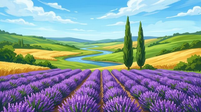 Scenic Provence landscape featuring purple lavender fields, a blue river, yellow wheat meadows, and rolling green hills.