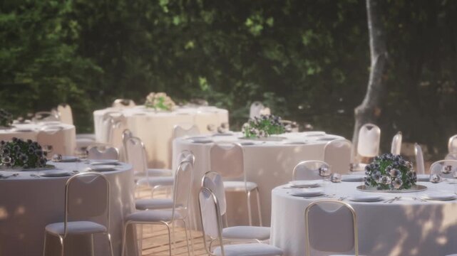 The scene shows tables arranged for a wedding event. Each table is covered with a white cloth and has floral centerpieces. The setting is full of green plants in the background.