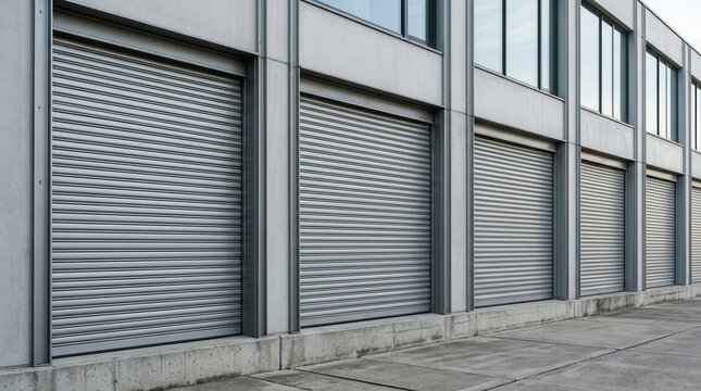 Close-up view of light grey roller shutters on a modern building exterior.
