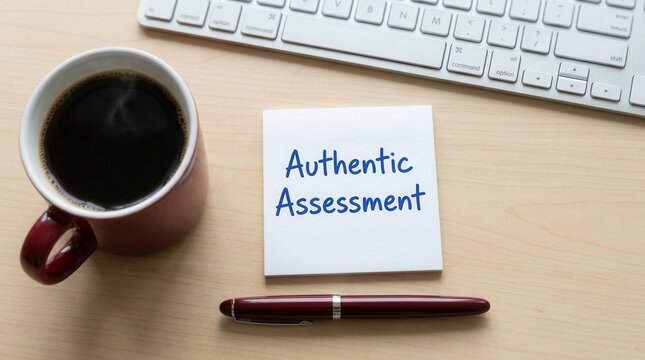 Authentic Assessment written on a note next to a coffee cup and keyboard.