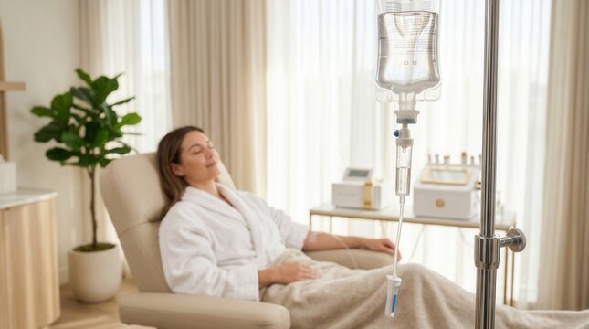 Glutathione IV drip bag in a luxury wellness lounge.