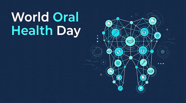 Abstract illustration for World Oral Health Day featuring a stylized tooth graphic and relevant icons