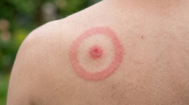 Red rash patch on an adult man's back as a sign of Lyme disease or Lyme borreliosis.