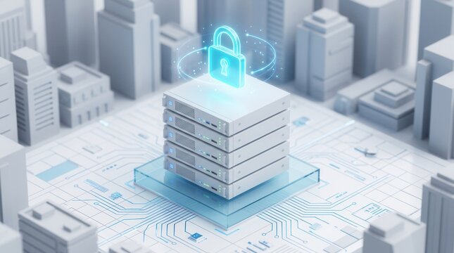 Secure server platform featuring a cybersecurity padlock icon for cloud security and data protection.