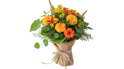 Beautiful bouquet of orange and yellow flowers isolated on transparent background for mothers day celebration greetings. © Brooks