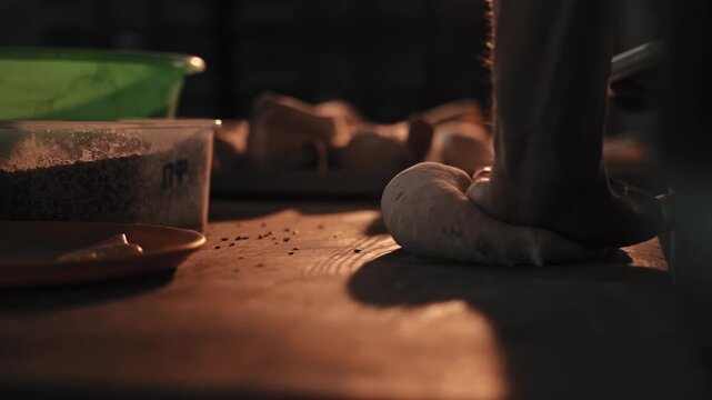 Artisan baker hands kneading dough on rustic wooden table for bread rolls, preparation process in small bakery kitchen, warm light, low key ambiance, traditional method, close up