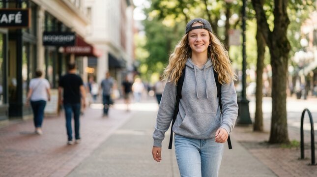 Happy teen girl with a backpack and a backward cap walking outdoors.
