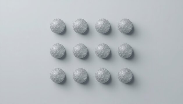 Twelve silver foil wrapped chocolate balls arranged in a neat grid pattern on a minimal light grey surface with wrapped sweets candy arrangement metal spheres sweet treats overhead layout