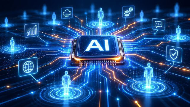 Artificial intelligence core processor connecting human figures and digital service icons via glowing circuits