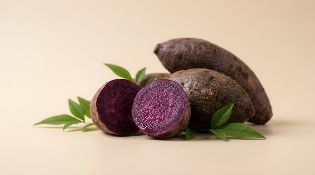 Fresh ube purple yam whole and halved with green leaves displayed on a beige background.