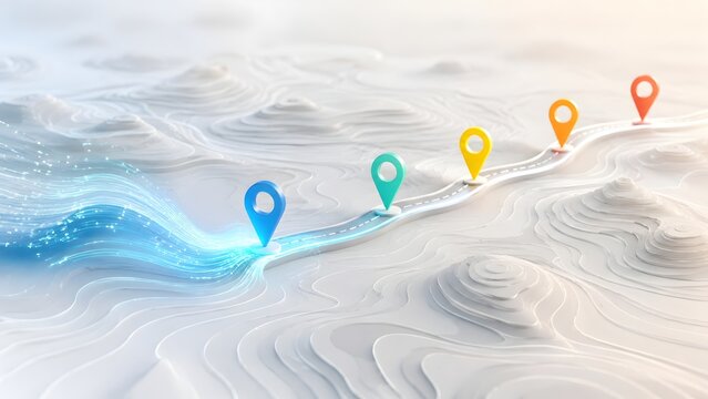 Colorful location pins on a winding road crossing a white topographical map with glowing data lines